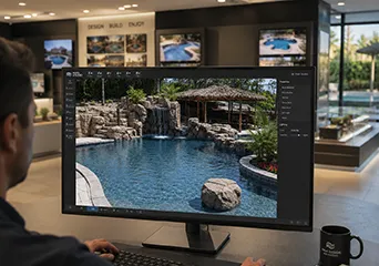 Designer reviewing luxury custom pool project with waterfall and spa features on monitor