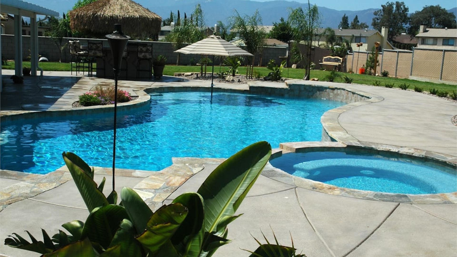 Luxury backyard pool with spa, custom stone decking, and resort-style outdoor living area