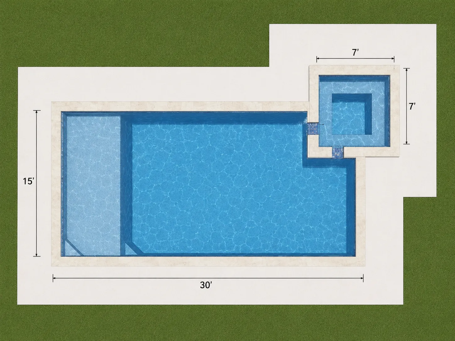 Aerial view of luxury custom pool design with separate spa featuring 30-foot dimensions and resort-style backyard layout