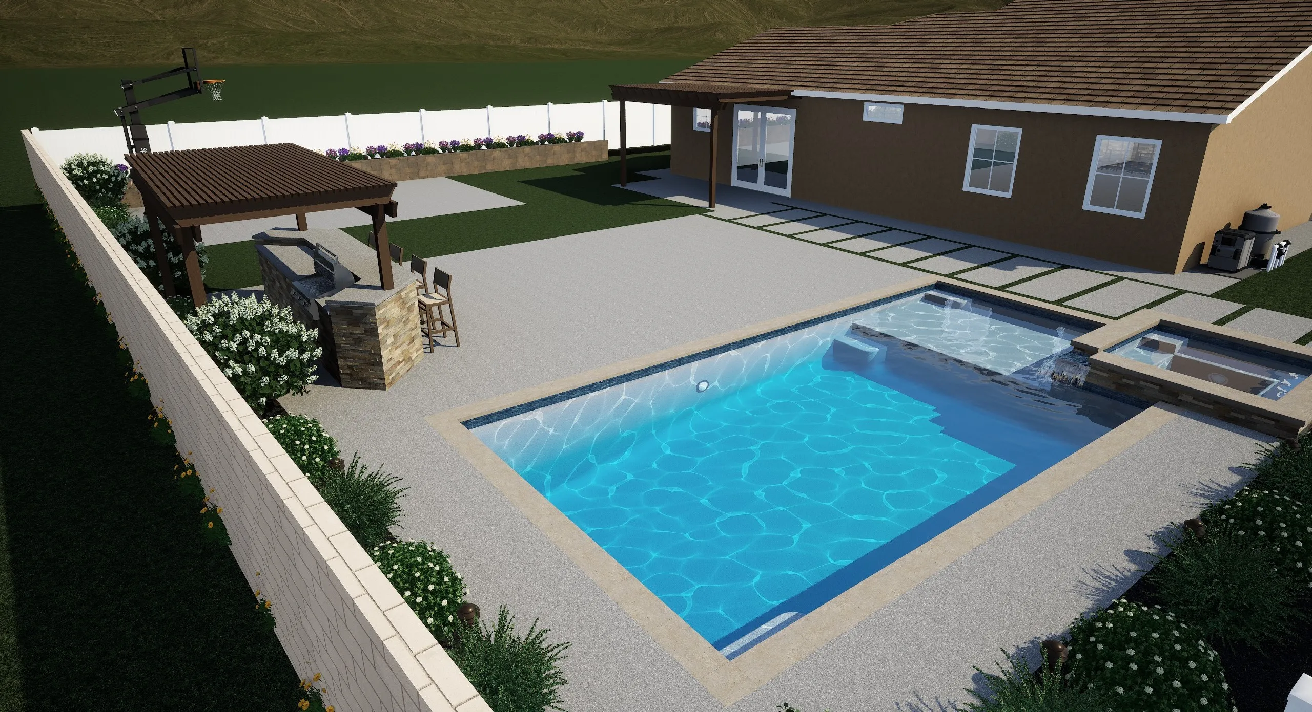 Luxury backyard pool design with spa, pergola, and modern patio entertainment area