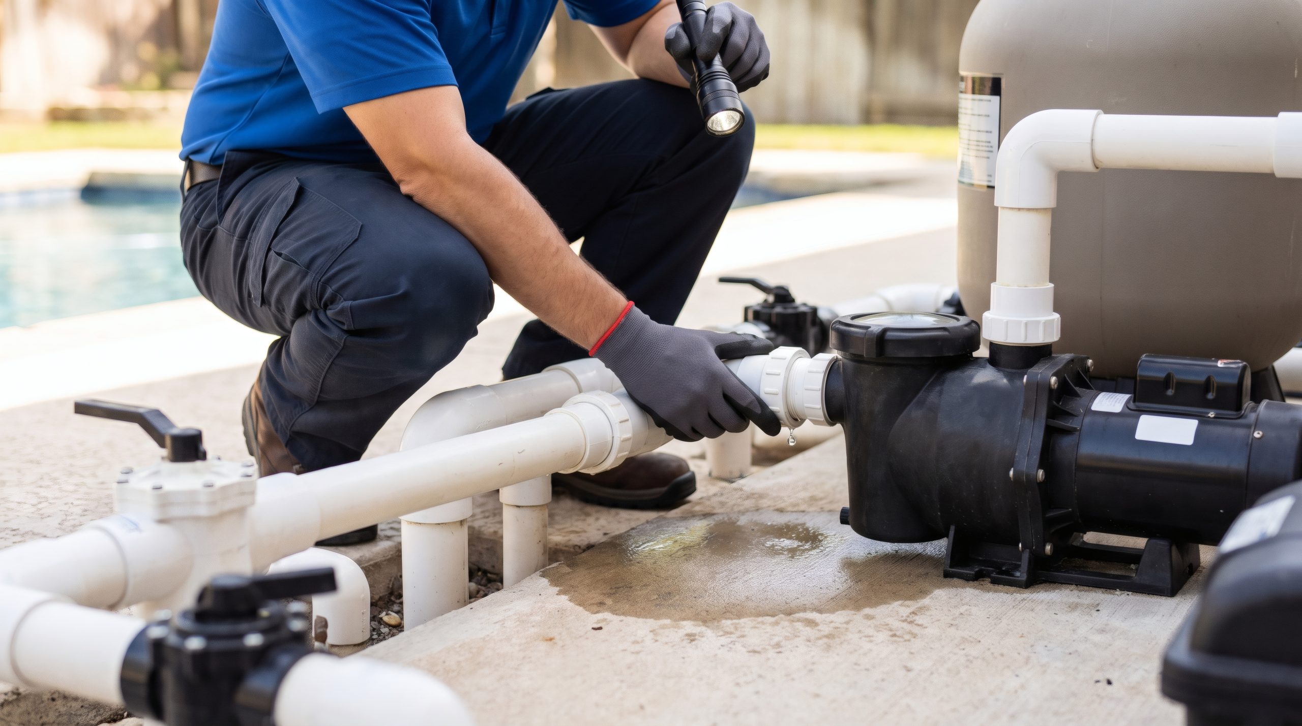 Professional pool technician inspecting filtration system and pump connections during luxury pool maintenance service