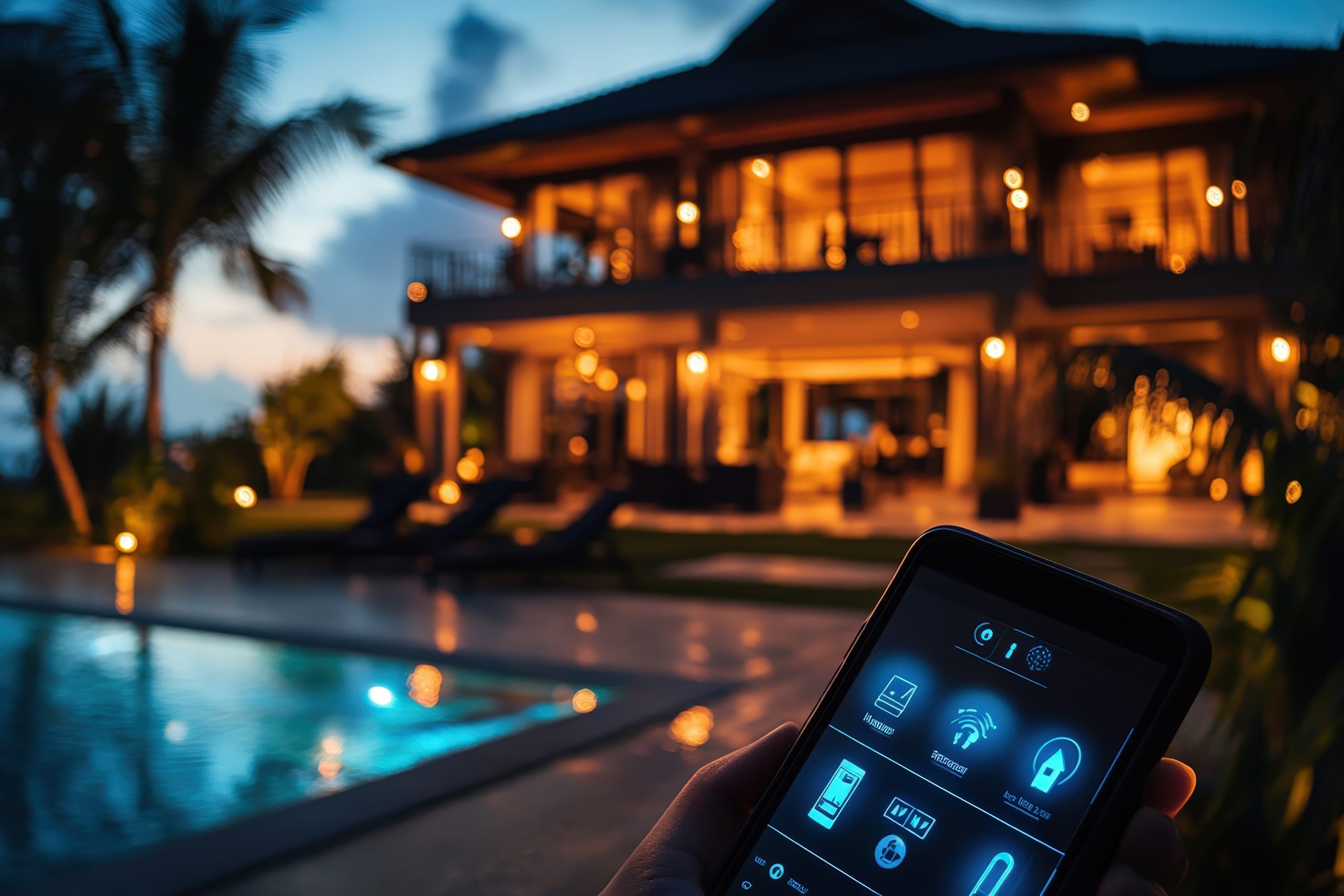 Smart home automation controlling luxury backyard pool lighting and sophisticated outdoor living features at dusk