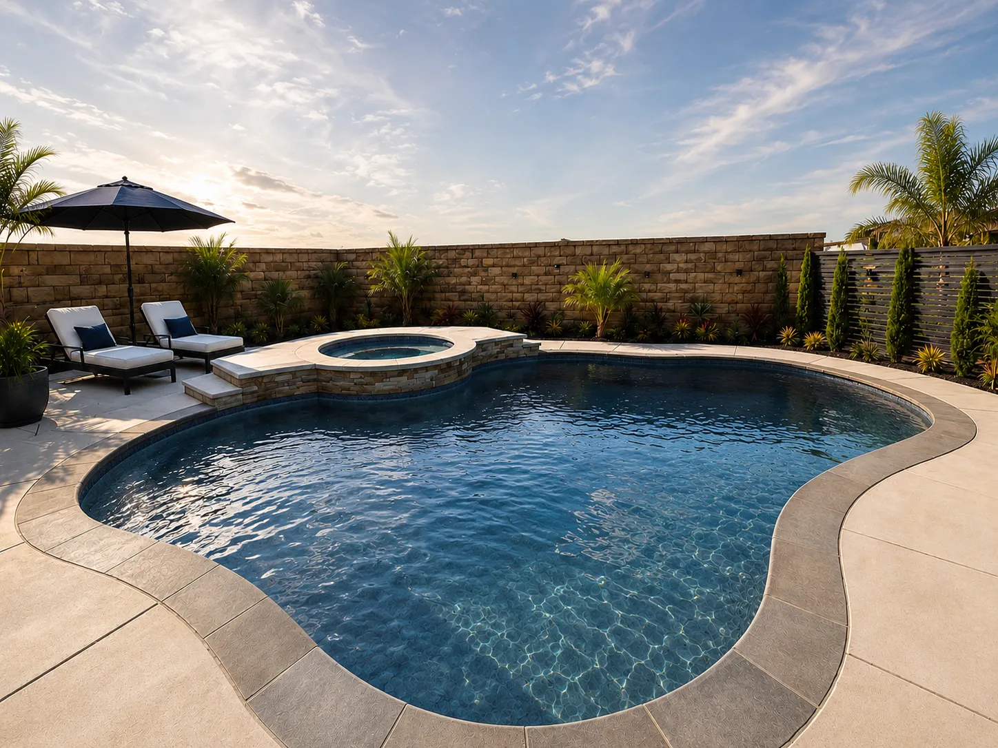 Luxury custom pool with spa and curved concrete deck in upscale backyard setting