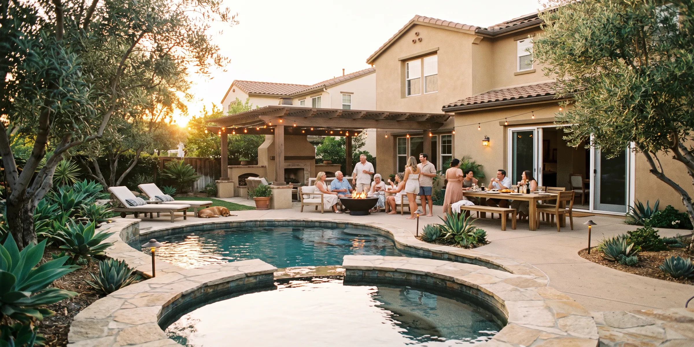 Luxury backyard oasis with custom pool, spa, and high-end outdoor living spaces for entertaining