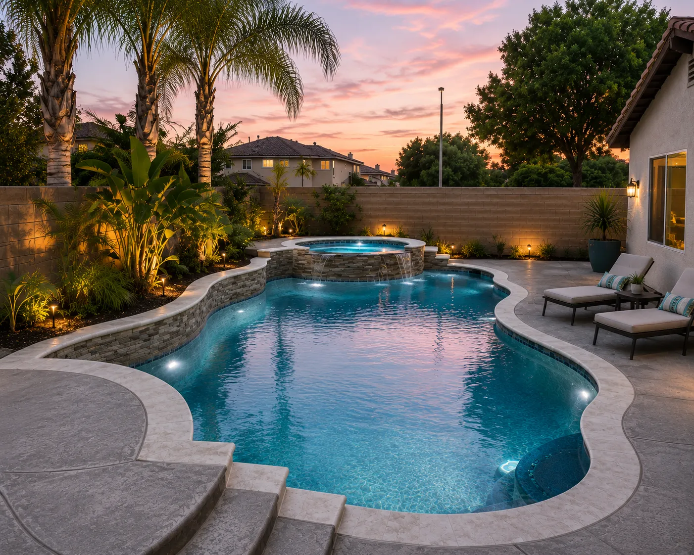 Luxury backyard pool with spa, ambient lighting, and resort-style outdoor living space at sunset