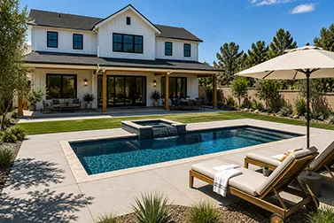 Luxury custom pool design with spa features in modern backyard oasis setting