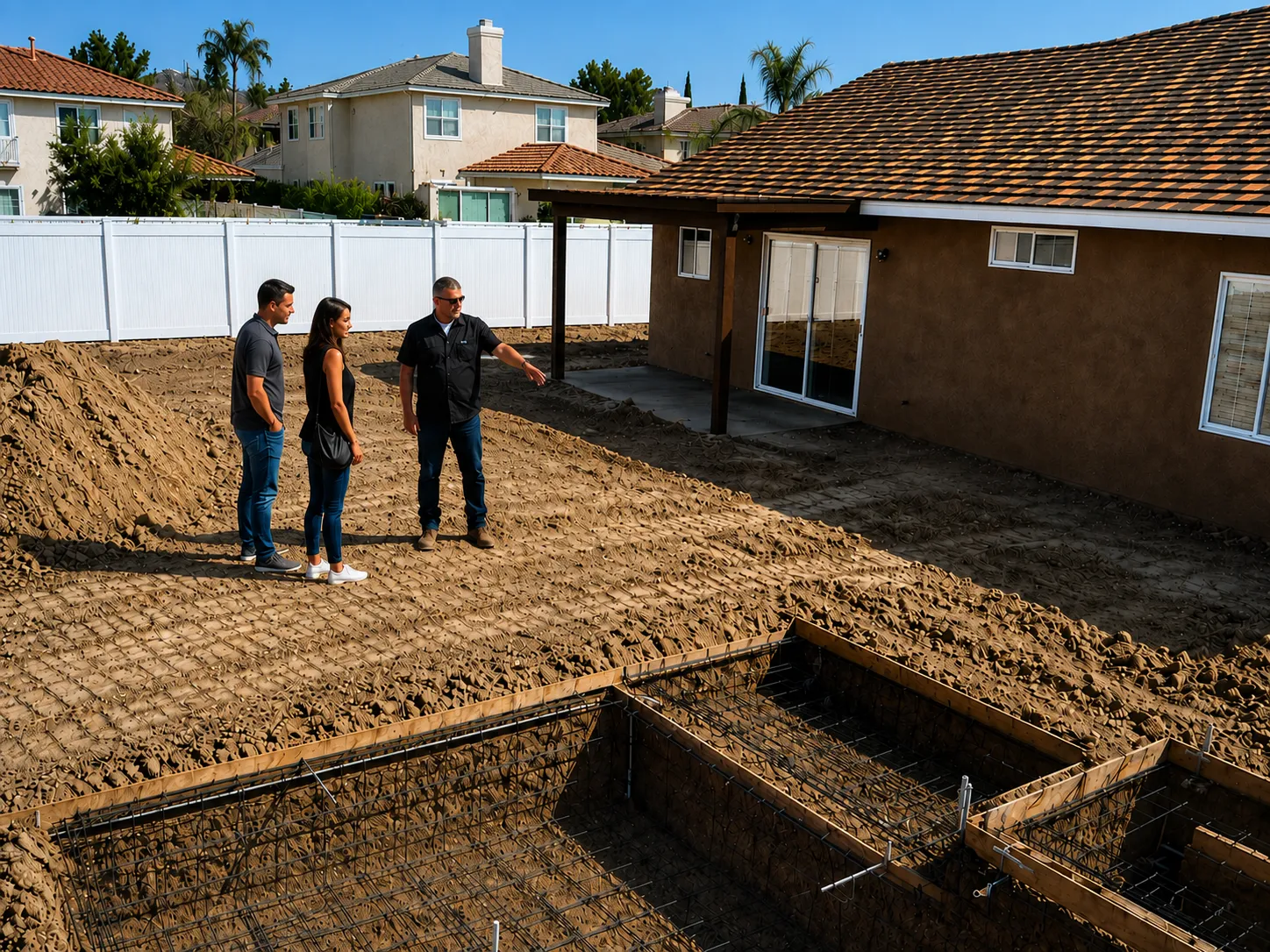 Three professionals inspecting luxury custom pool construction excavation on residential property
