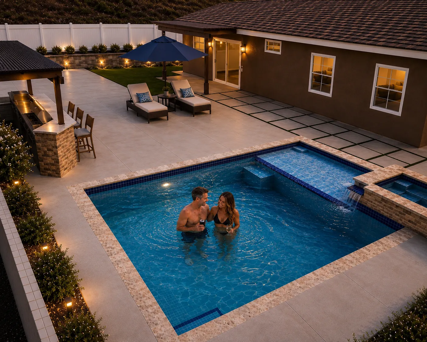 Luxury backyard pool with couple swimming, spa feature, and illuminated outdoor living space at dusk